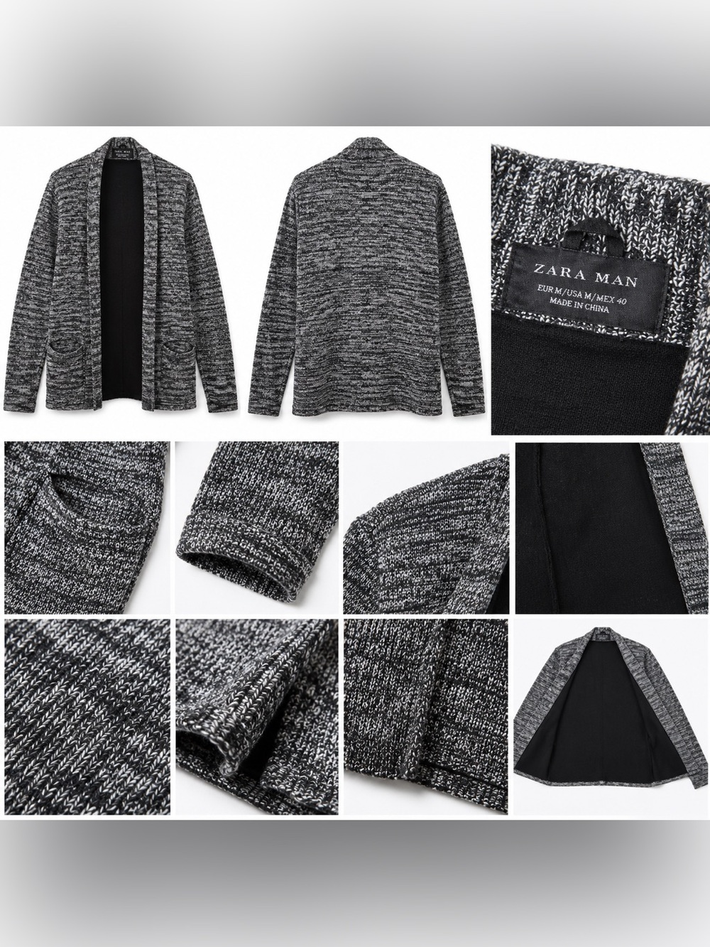 Zara Men Black & Gray Marled Open-Front Cardigan